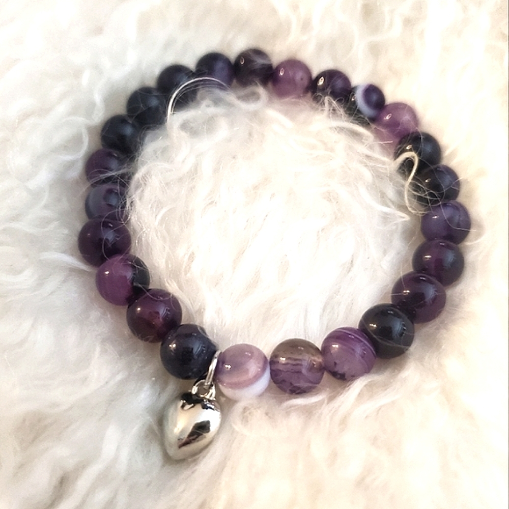 💜Natural Amethyst- Beaded Bracelet with Silver Heart Charm, Semi Stretchy Band
